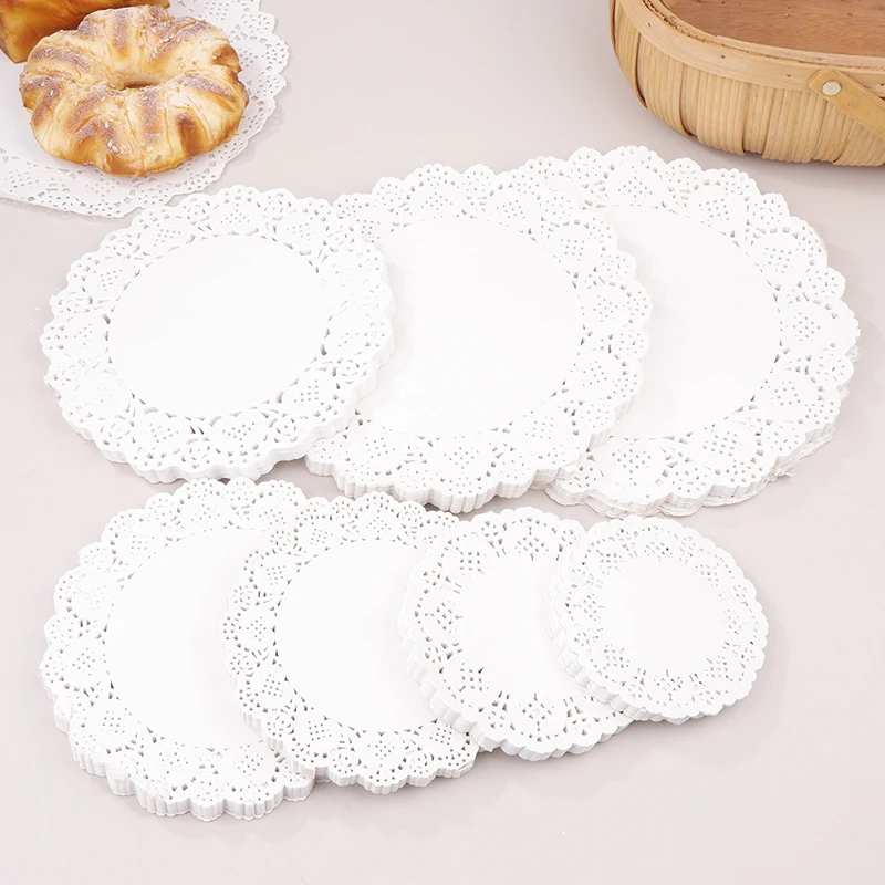 Napperon en papier polymère rond pour gâteau Chi à bord en dentelle, bloc-notes pour aliments frits, dessert, strass, fête de mariage, tasse de cuisine, 150 pièces