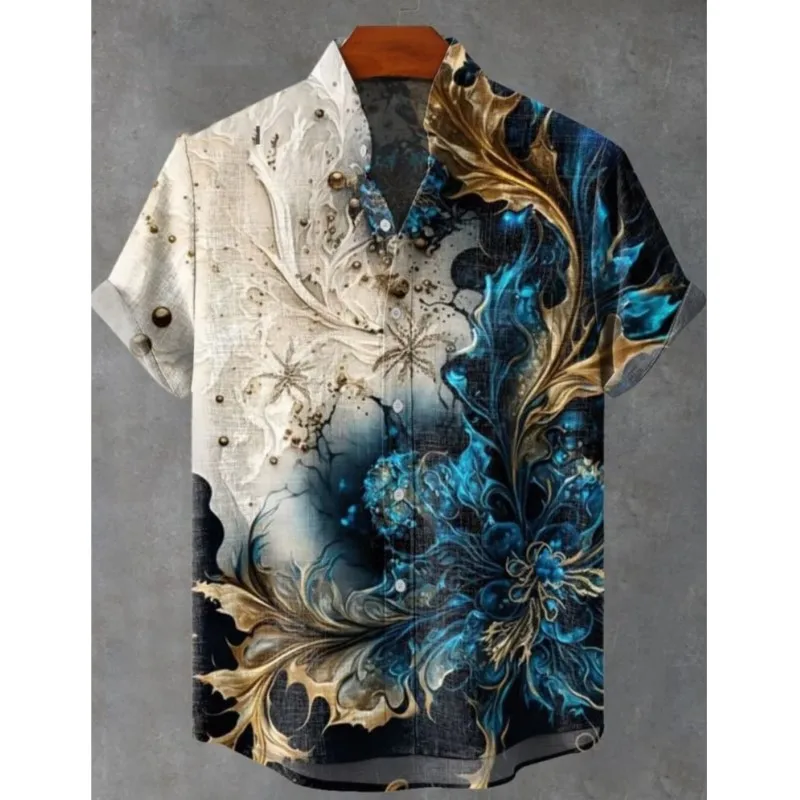 2025 Men's Summer Short-sleeved Shirt New Printed Linen Shirts European And American Popular Elements Printed Shirt