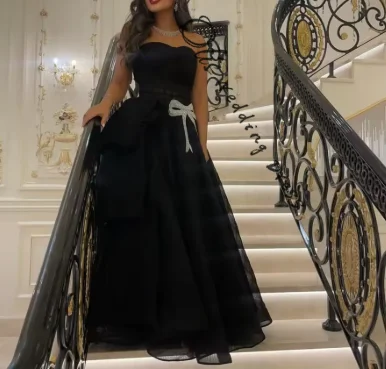 

Элегантные платья для выпускного вечера с черными рукавами по индивидуальному заказу, плиссированные тюлевые платья без бретелек с бусинами длиной до пола, вечерние платья, вечерние платья