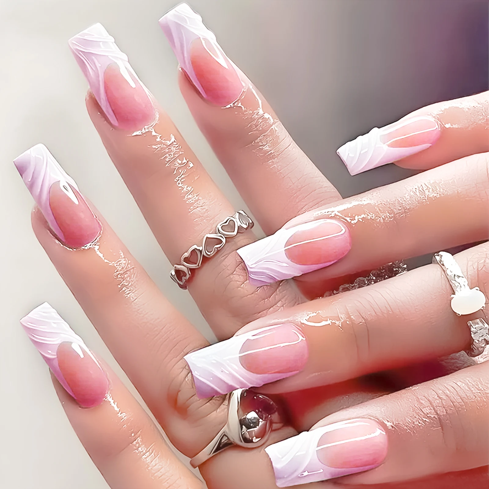 

Набор из 24 длинных квадратных накладных ногтей с эффектом капельной смолы, белые французские накладные ногти, съемные искусственные ногти, акриловые типсы