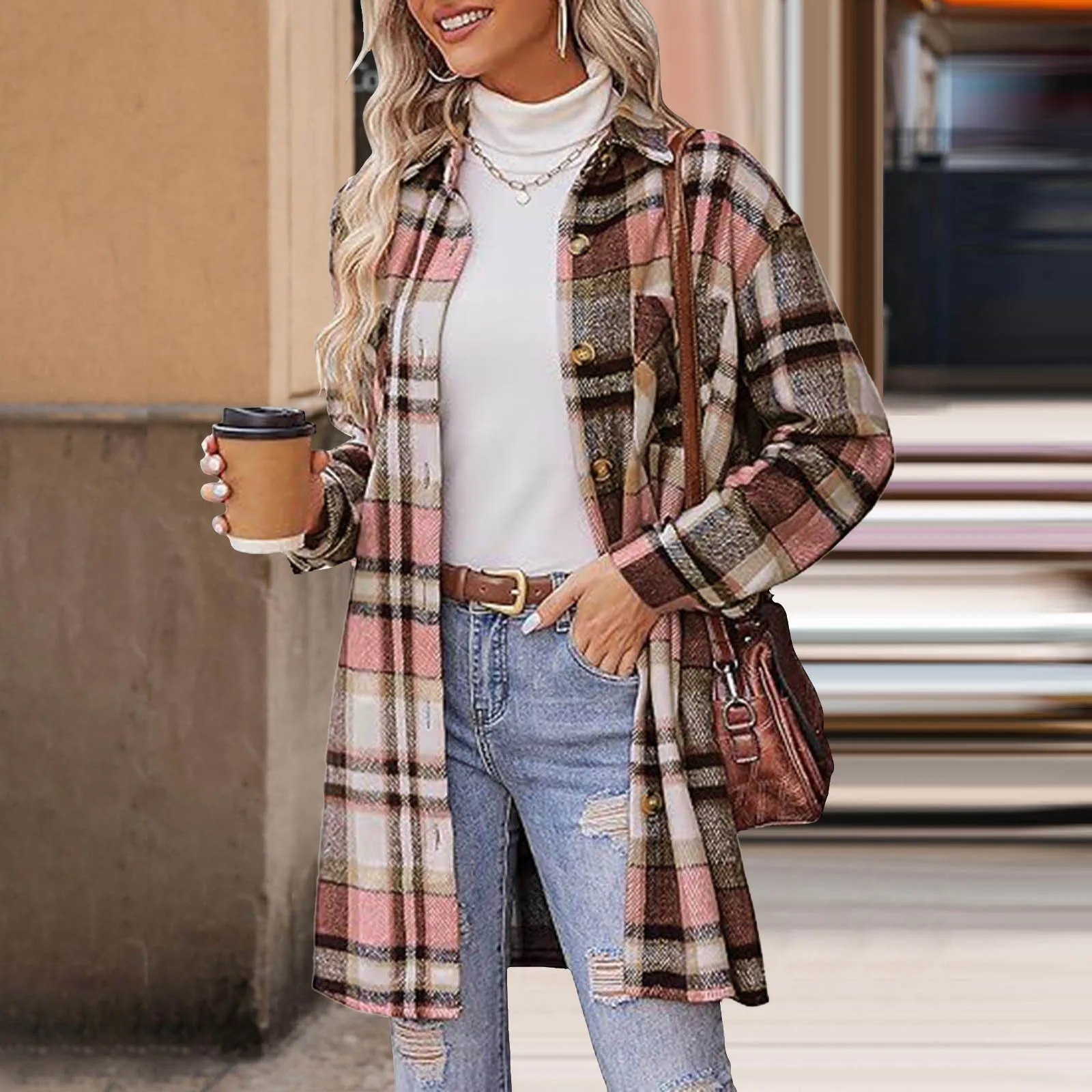 Autumn Women Fashion Plaid Shacket Single Breasted Color Blocking Lapel Blouse Jackets Office Lady Casual Checked Outerwear Coat