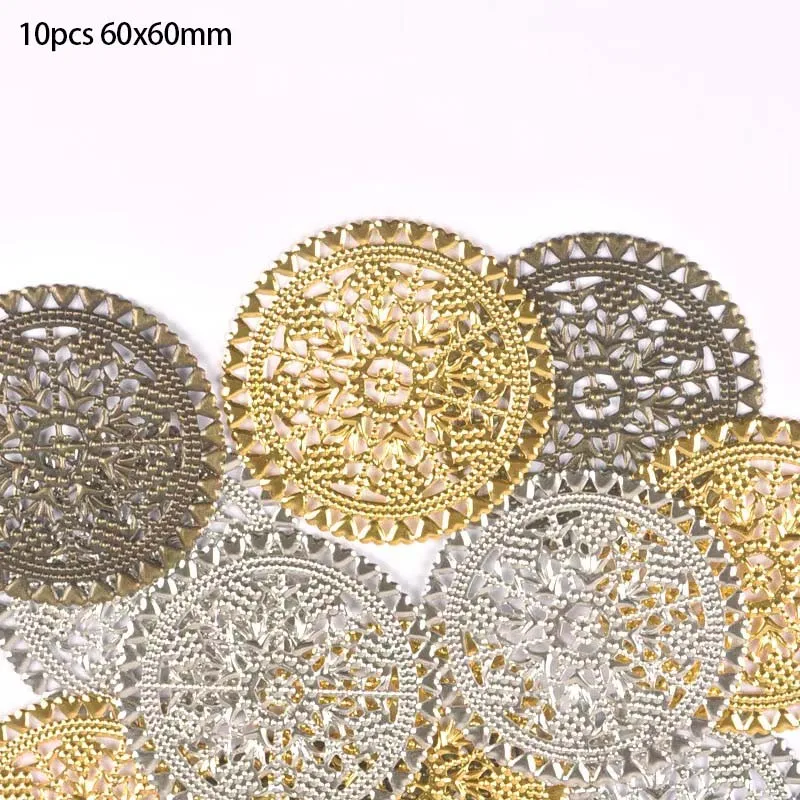 10 sztuk filigranowe kwiatowe okłady złącze Flatback metalowe ozdoby Scrapbooking dla majsterkowiczów komponenty do biżuterii 60x60mm YKL0896
