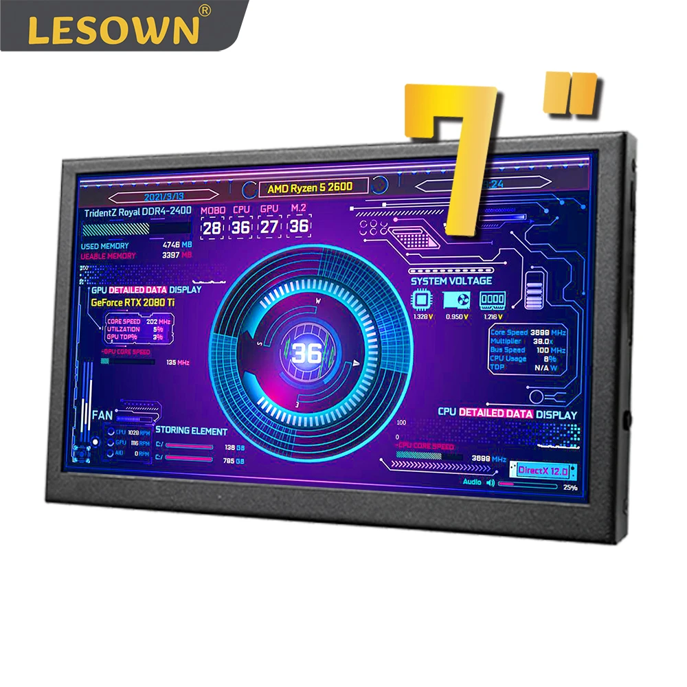 LESOWN Small HDMI 7 inch IPS 1024x600 LCD Touchscreen mini Monitor Secondary Screen with Speakers for PC Case Temp Monitoring