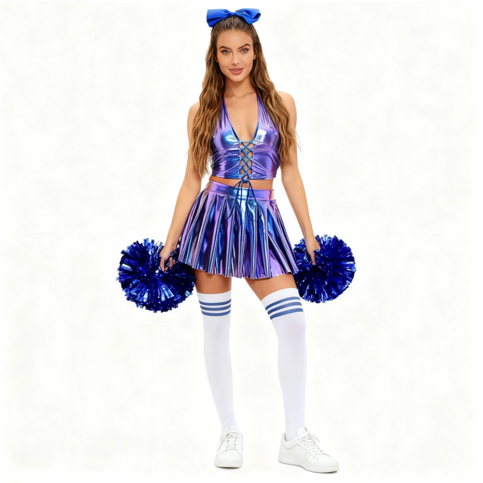 

Youthful Women Cheerleading Performance Outfit Sets Metallic Halter Crop Top with Miniskirt Competition Matches Cheering Outfits