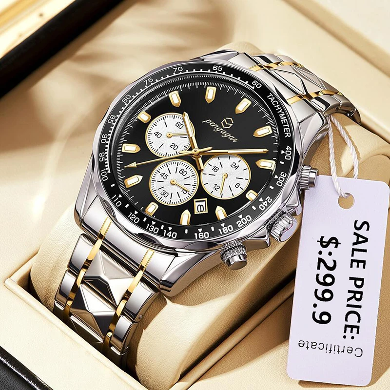 

PENGAGAR Classic Men's Watches Trend Fashion Original Quartz Watch for Man Waterproof Fine Steel Chronograph Wristwatch Date