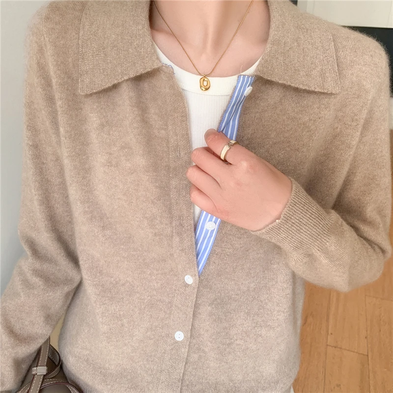 

2025 Autumn/Winter Women's Cashmere Sweater Color Stripe LOPO Collar Long Sleeve Cardigan Knitted Sweater Cardigan Coat Top
