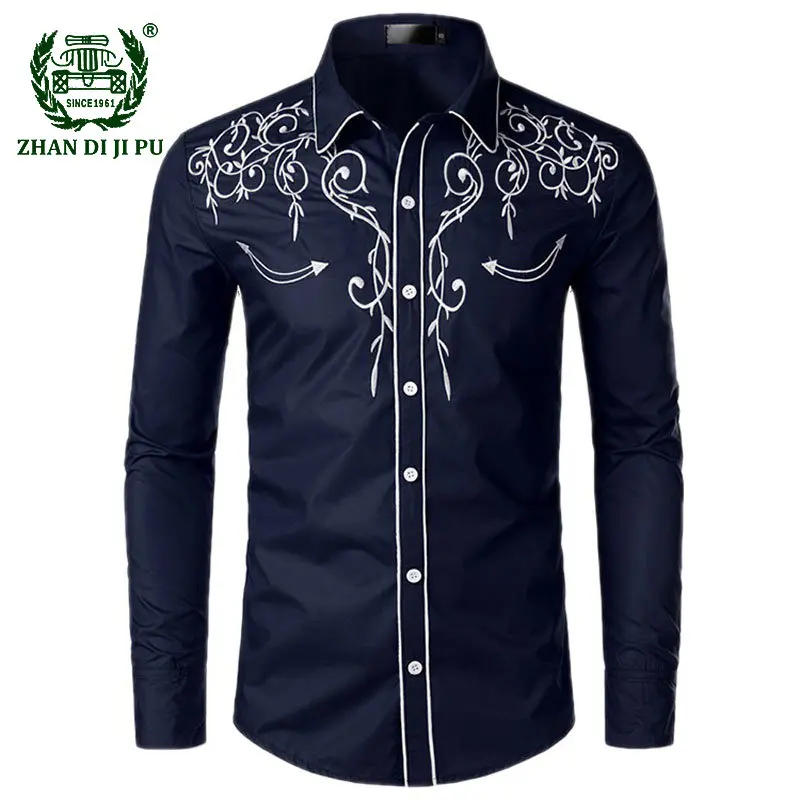 Western Cowboy Embroidery Shirts Men Casual Long Sleeve Slim Fit Shirt Male Wedding Party Social Men\'s Club Prom Chemise Homme