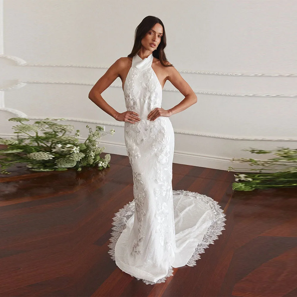 

Customized Halter Neck Mermaid Wedding Dress Backless Applique Bridal Ball Gown Floor-Mounting Train Wedding Dress 2025