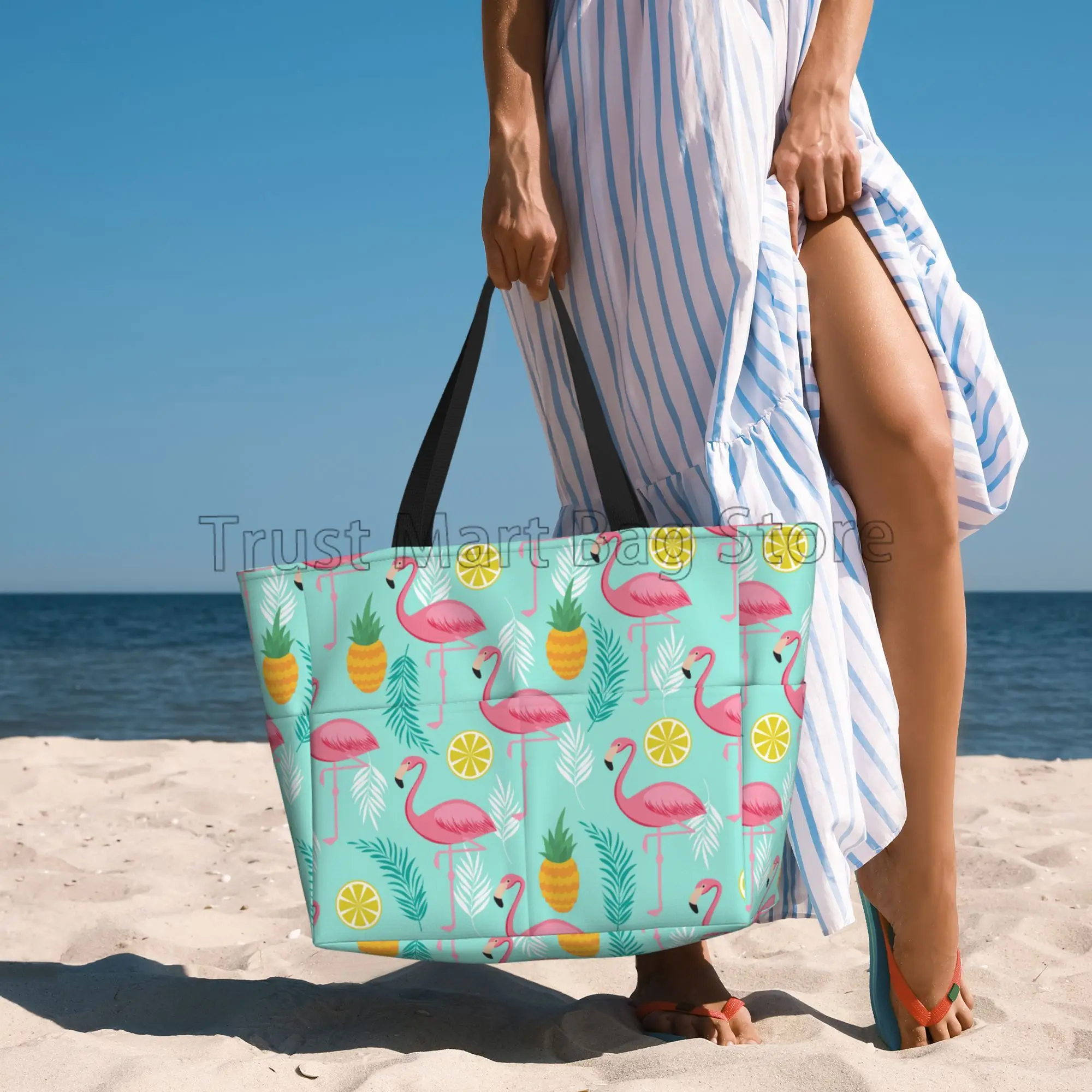 Grand sac fourre-tout de plage imprimé flamant rose pour femme, sac de voyage portable, étanche, sac de piscine anti-sable pour la natation, la salle de sport, l'épicerie, les vacances