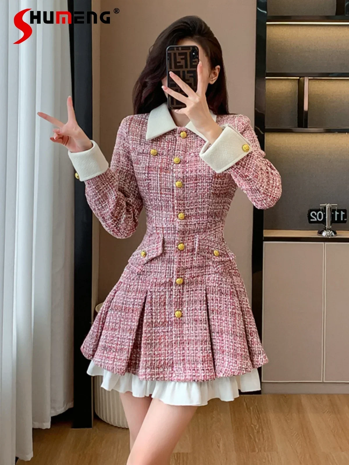 

High-end Female Socialite Small Fragrant Single-breasted Contrast Color Pleated Skirt 2024 Autumn Winter New Waist Tweed Dresses