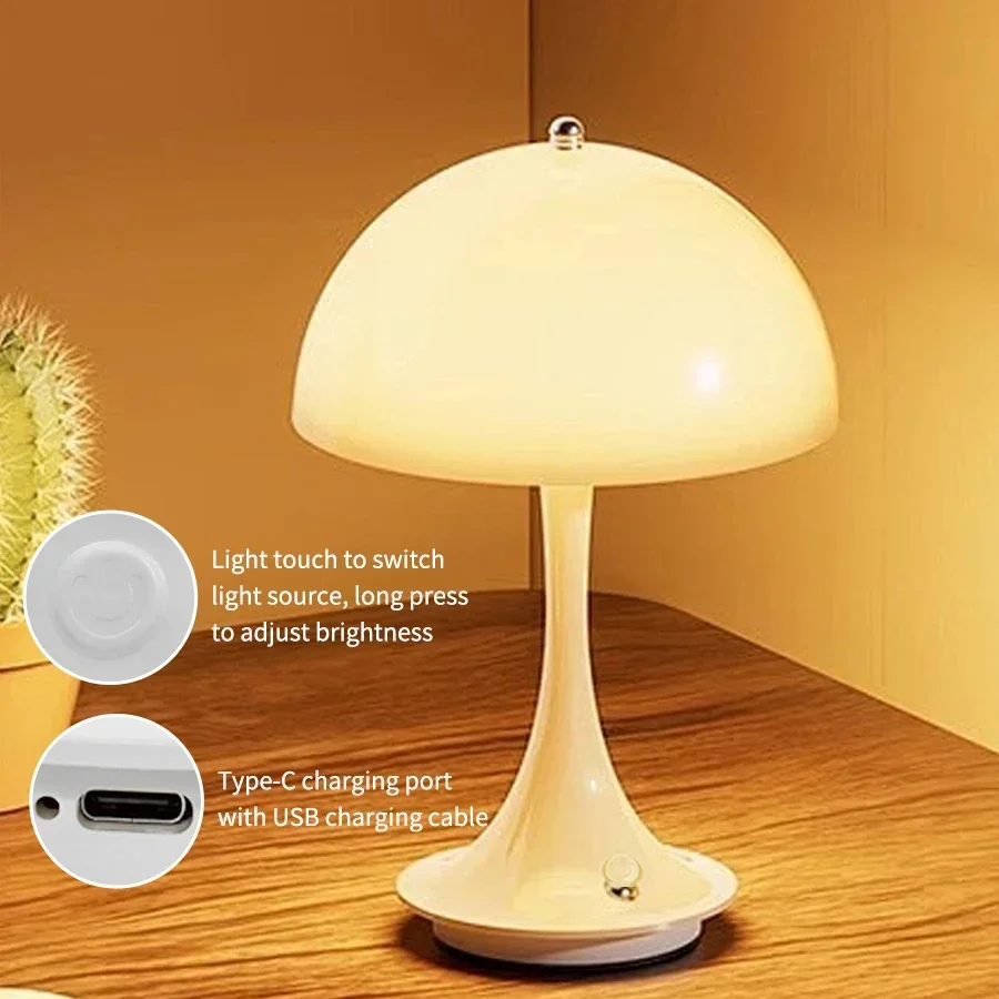 LED Mushroom Small Table Lamp Portable C Type Charging Flower Bud Touch Night Light Mood Desk Lamp For Bedside Bar Coffee Decor