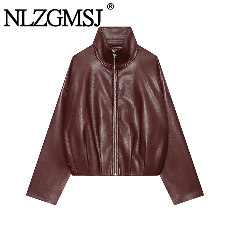 NLZGMSJ Casual Chic Faux Leather Bomber Jacket Solid Zipper Turtleneck Long Sleeve Short Coats Fashion 2026 Autumn Coats