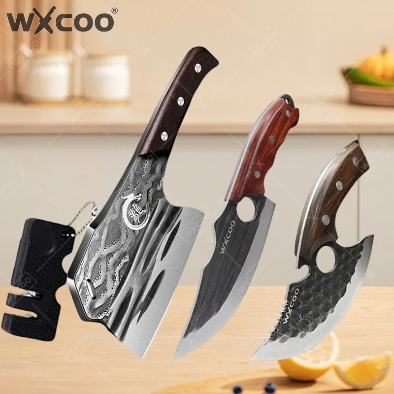 WXCOO Wooden Handle Stainless Steel Forged Chef Knives Utility Knife Fruit Slicing Bone Chopper Multifunctional Kitchen Knife