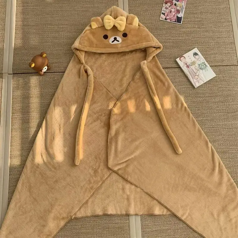 

Kawaii Rilakkuma Blanket Cute Cartoon Anime Bear Brother Bear Sister Cloak Hoodie Shawl Office Napping Blanket Girls Gifts Toys