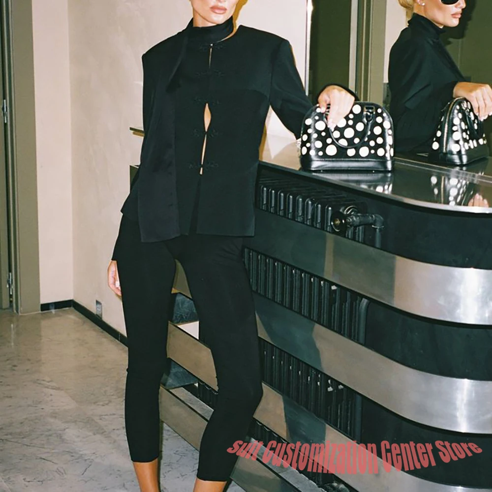 

Элегантный женский черный костюм с круглым вырезом, однобортный пиджак, комплект из 1 предмета, стильная повседневная верхняя одежда для покупок и офиса