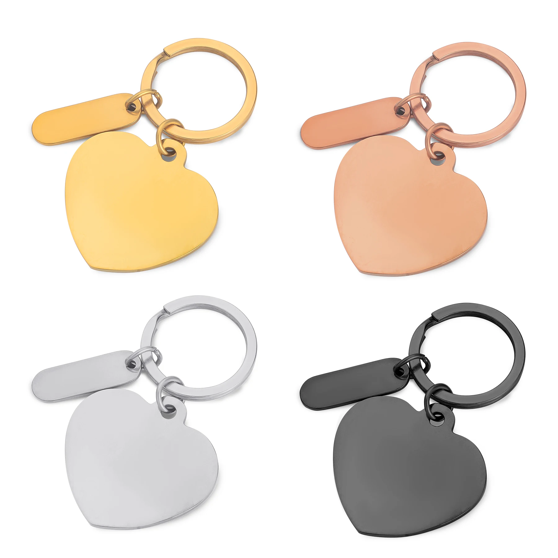 10Pcs Blank Heart Rectangle Tag Key Chain Mirror Polished Stainless Steel Key Ring Accessory Gift For Men Women Wholesale