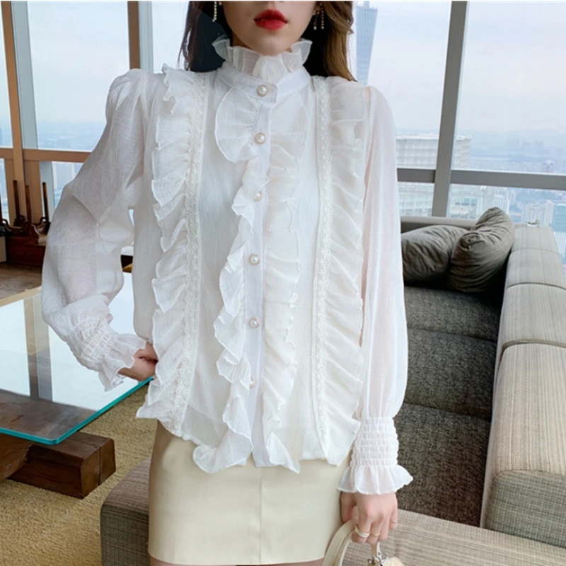 Korean Women Elegant Chiffon Shirt and Blouses Chic Long Sleeve Lace Ruffles Stand Collar Casual Loose White Tops Woman 13433