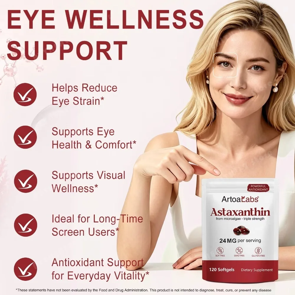 Astaxanthin Softgels 24mg Triple Strength Powerful Antioxidant Eye Health Support Microalgae Soy Free Gluten Free 120 Count
