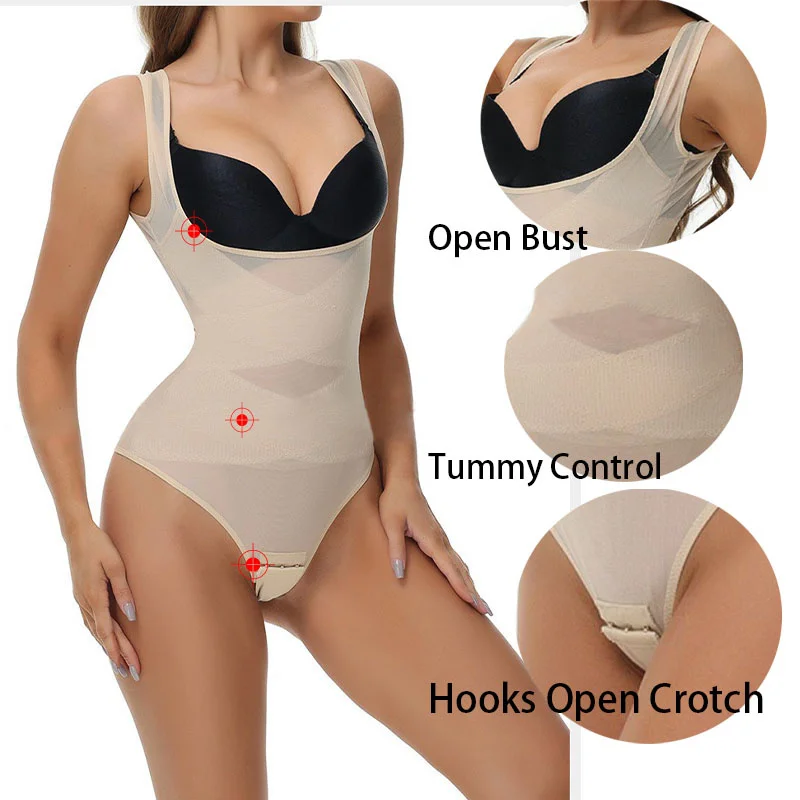 Dimmkof Breast Push Up Open Bust Stretchy Resistant Breathable Mesh Fabric Shapewear Thong Butt Lift Open Crotch Wide Strap