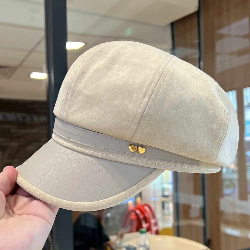 New Faux Leather Women's Octagonal Newsboy Cap Spliced Love Baker Boy Hat Sun-Shading Brim Duckbill Cap Fall Winter Wear