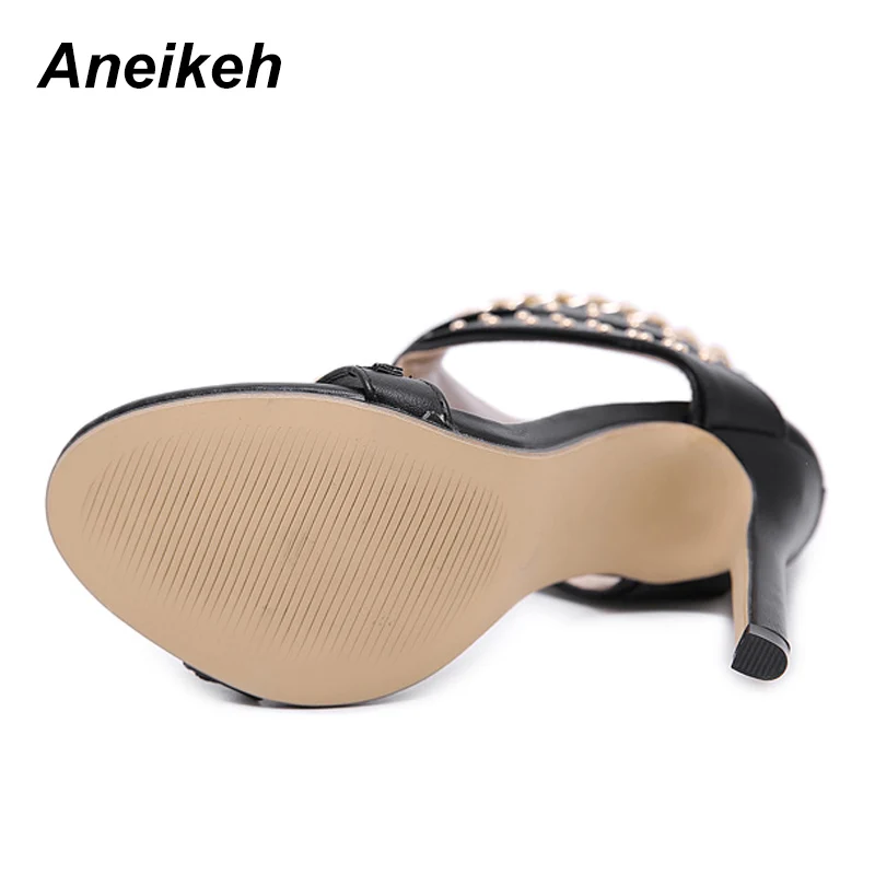 Aneikeh 2024 Sexy Rivet Metal Decoration High Heel Sandals Women Cover Heel For Party Gladiator Ladies Shoes Black Size 35-40