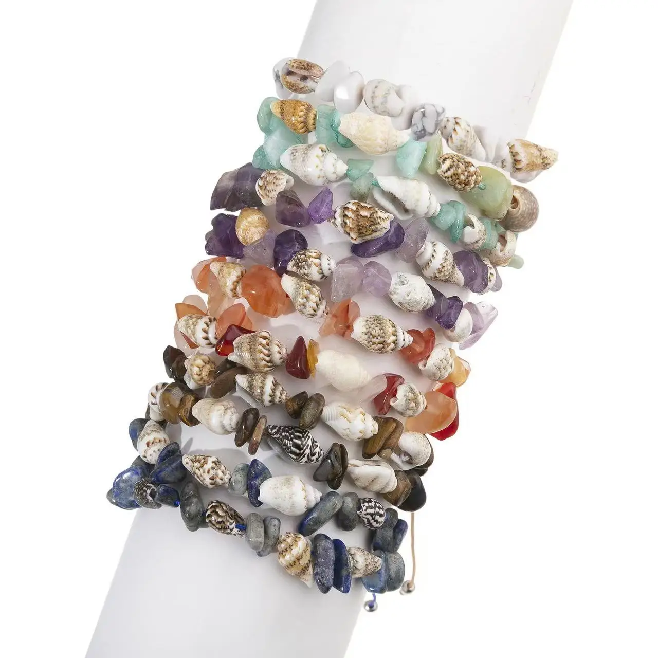 12 قطعة الصيف محارة قذيفة غير النظامية كريستال الحصى مطرز المنسوجة سوار للنساء حفلة الشاطئ-سوار قابل للتعديل