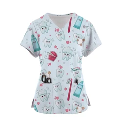 2024 Teeth Print Scrub Tops Women Dentist Working Uniform Nurse Scrub Uniformes Medicos Para Mujer Tooth Hospital Workwear