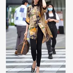 Fashion Women's Printed Vintage Pullovers Shirt Summer New Streetwear Korean Polo-Neck Loose Casual Midi Blouse Female Clothing