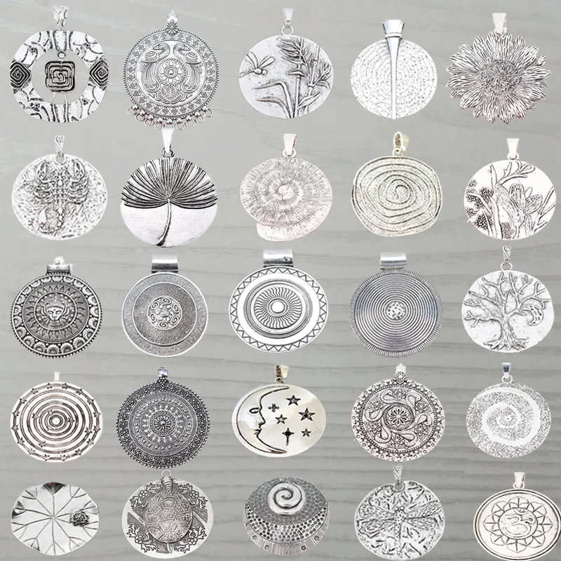 3 x Tribal duży medalion w stylu boho okrągły tybetański srebrny wisiorki Charms dla majsterkowiczów etniczny naszyjnik komponenty do wyrobu biżuterii
