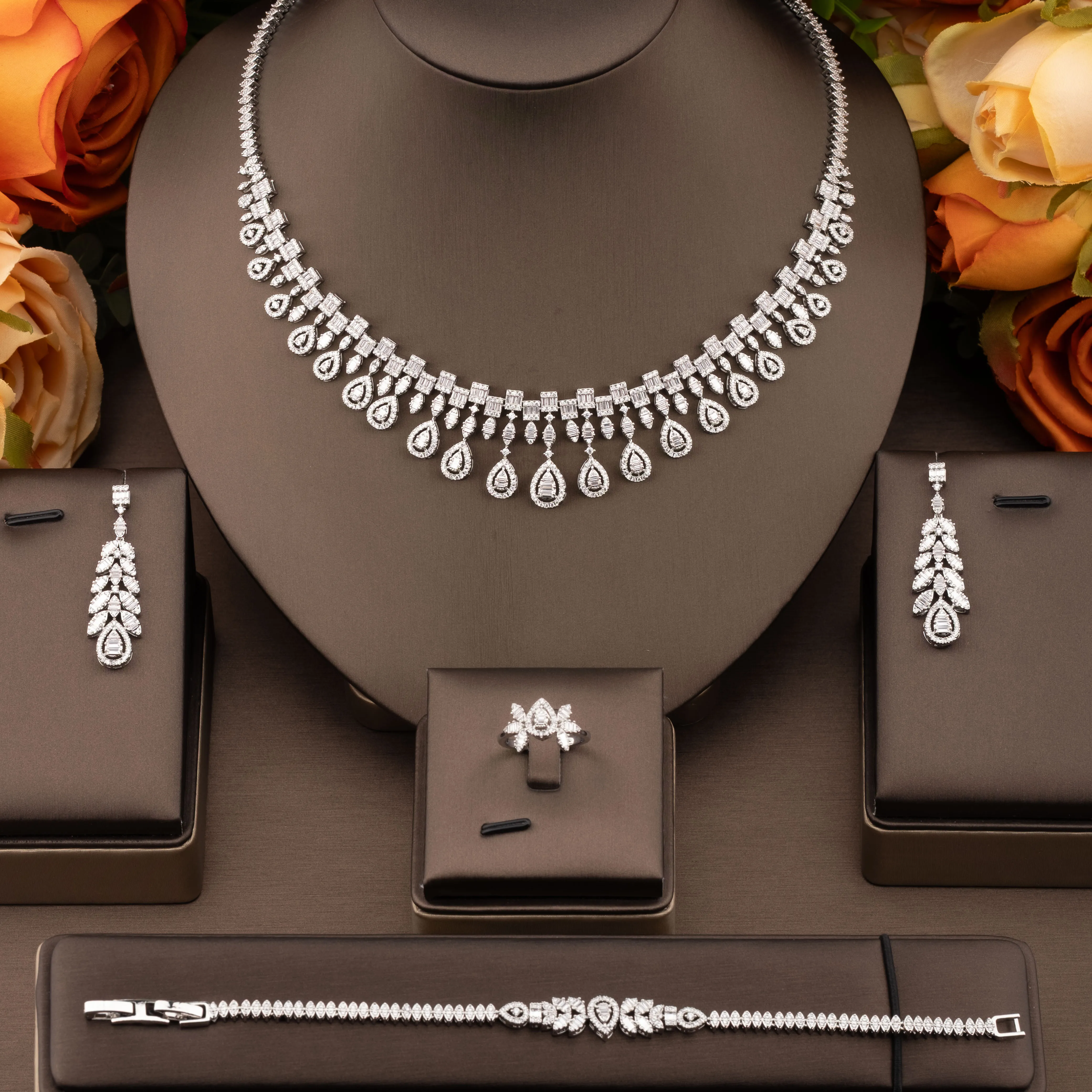 

1 Set of Vintage Luxury Jewelry Set with Sparkling Cubic Zirconia Teardrop Design, Suitable for Women to Wear at Weddings and Ba