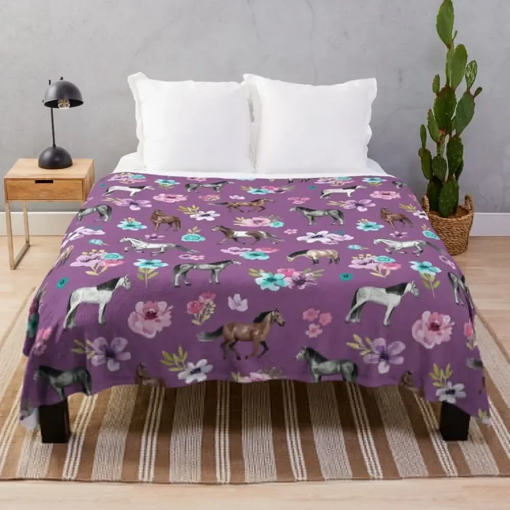 

Horse Pattern, Floral Print, Horse Love, Wild Horses and Flowers, Purple Throw Blanket Blankets For Sofas Blankets