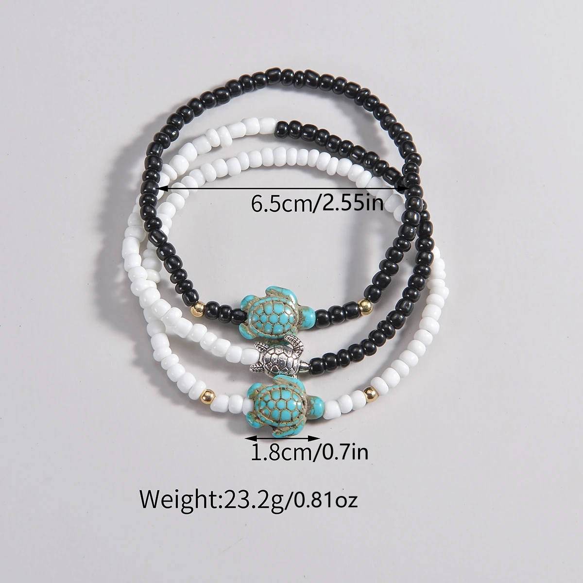 3-piece ocean style turquoise turtle mixed with black and white beige beads, multi-piece women's anklet