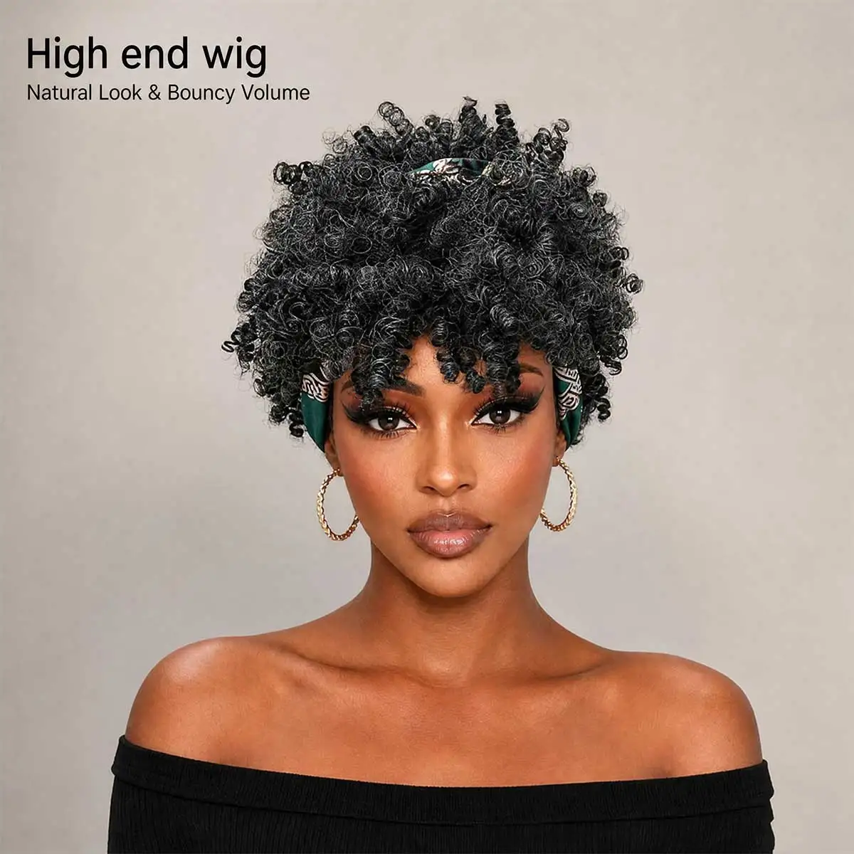 Grey‑Black Kinky Curly Headband Wig with Green African Print Turban Heat‑Resistant Synthetic Glueless Short Afro Wig - view 2