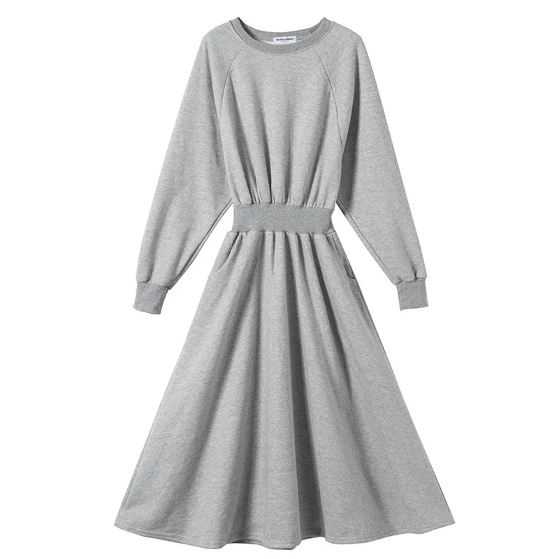 Casual Solid Elastic High Waisted Spring Summer Dress Women Long Sleeves Big Hem Dresses Ladies Basic Black White Long Sundress