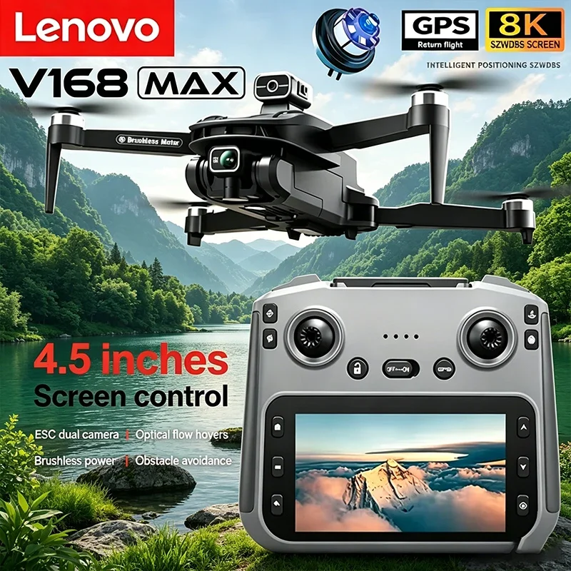 Dron Profesional Lenovo V168 con Cámara 8K, Motor sin Escobillas FPV Aéreo, Evitación de Obstáculos, Pantalla Grande, Control Remoto Plegable