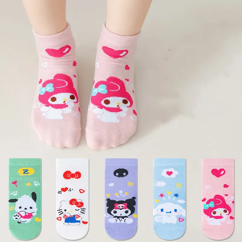 5Pairs Children Baby Socks Sanrio Kuromi Mymelody Pochacco Hello Kitty Short Socks Cartoon Cotton Kids Socks