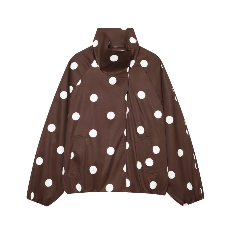 Herbst Neuheit Damen Vintage Polka Dot Stehkragen-Jacke mit Taschen Langarm Casual Oberbekleidung Modisches Urlaubsoutfit – Detail 6