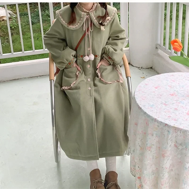 Vintage Sweet Mori Girl Style Thickened Long Tweed Coat Autumn Winter Japanese Kawaii Doll Collar Embroidery Women Tweed Jackets