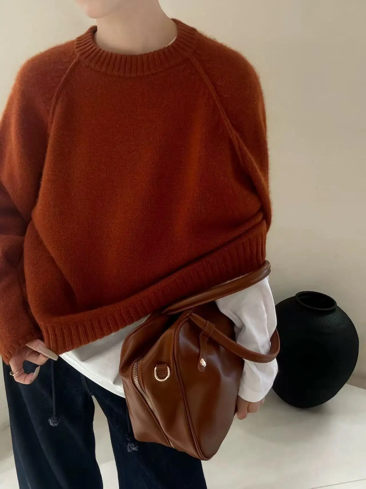 Maglione lavorato a maglia di lana pullover tinta unita girocollo da donna con trama ampia, morbida e morbida, maglione base casual e semplice