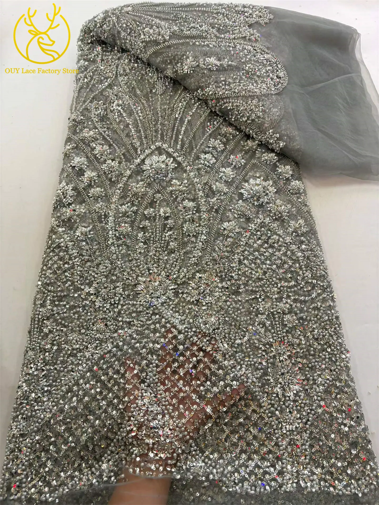 5 Yards afrikanischer schwerer Perlen-Pailletten-Netzstoff, goldener französischer Pailletten-Tüllstoff für wunderschöne Hochzeitskleider zum Nähen – Detail 14