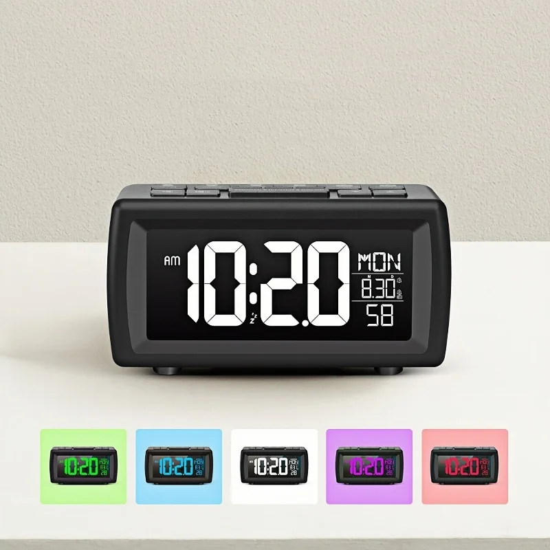 FM Radio Digital Alarm Clock with 7 Light Color Changing Date Week Snooze Table Clock 5 Levels Brightness 12/24H DST LED Clock