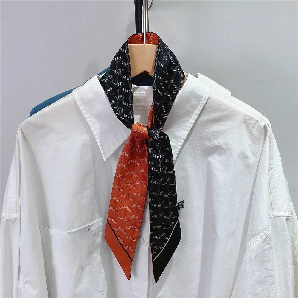 

Women Double-side Two Layer Skinny Bag Scarf Brand Silk Foulard Fancy Ribbon Tie Head Scarves For Ladies
