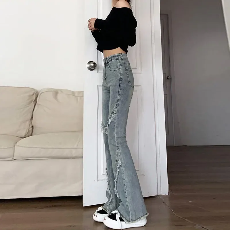 Rough Selvedge Splice Micro-flared Jeans, Women's Autumn New Slim Retro High-waisted Long Pants, Water Washing Make Old Jeans