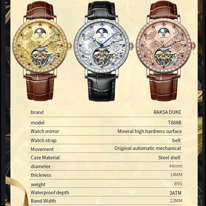 RAKSA DUKE Automatic Mechanical Watch for Men Luxury 3D Embossment Fish Skeleton Watch Moon Phase Men‘s Wristwatch’ - Image 5