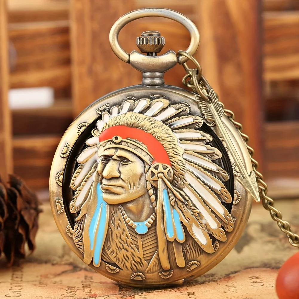 Retro Chief's Big Pocket Watch, Primitive Ethnic Tribe Portrait, Digital Pocket Watch Collection, Student Watch