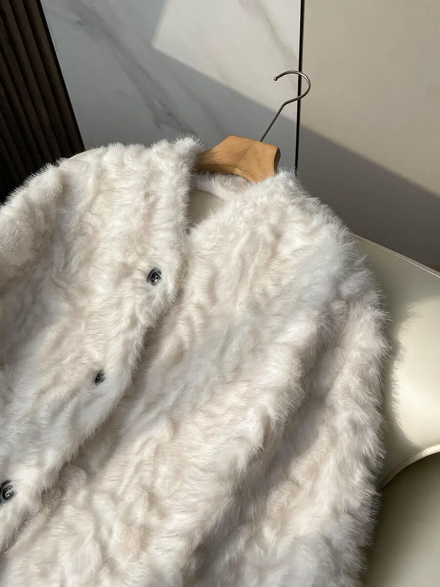 Women Faux Shearling Fur Coats Solid Fur Jackets Cotton Linen V Neck Long Sleeves Single Breasted Loose Fit Casual 2026 Winter