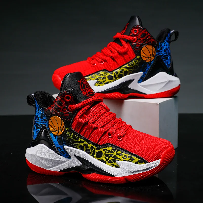 Фото Детские спортивные дышащие гибкие легкие роскошные баскетбольные кроссовки с защитой от столкновений, школьные спортивные баскетбольные ботинки со стабильным отскоком