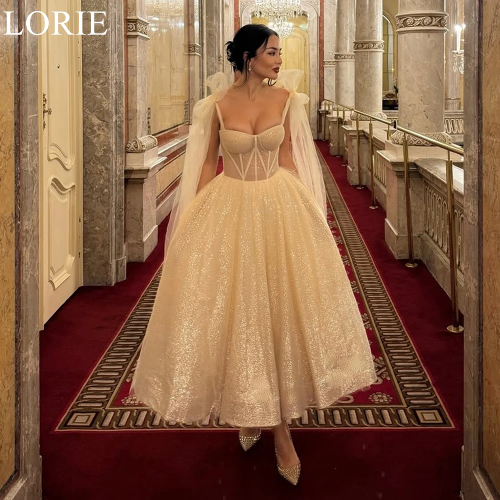 LORIE Glitter Ivory Wedding Dresses A-Line Spaghetti Strap Princess Bride Prom Gown Ankle Length Sparkly Bridal Gowns Customized