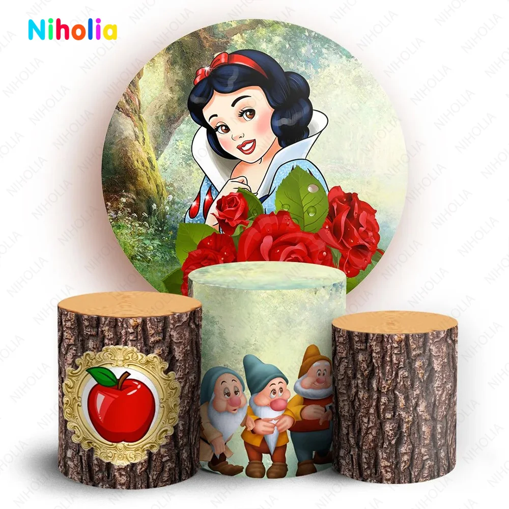 Snow White Backdrop Princess Rose Circle Decor Girl 1st Birthday Party Wood Cylinder Cover Photography Background Baby Show Prop