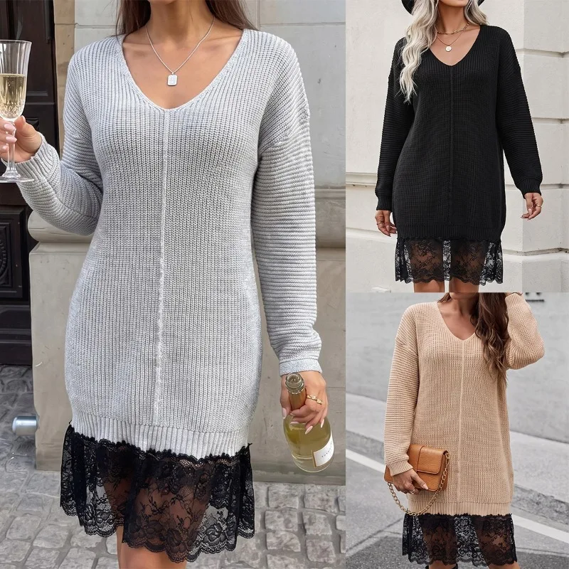 Women V Neck Long Sleeve Knit Midi Dress Casual Lace Hem Patchwork Autumn Winter New Fake Two Pieces Basic Loose Sweater Dresses